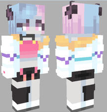 The image shows a pixelated character model from Minecraft, displayed from the front and back. The character has a light blue and pink hairstyle with cat ears. They wear a pink top layered with a white jacket featuring colorful accents, and black shorts.