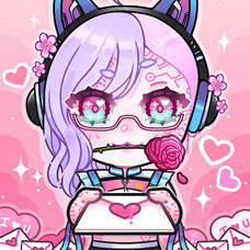 The image features a character with cat ears and wavy purple hair. They are holding a rose in their mouth. The character is dressed in a blue outfit with pink accents and is presenting a card. The background is pink with hearts and sparkles.