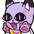 Animated cat-like character with pink hair, glasses, and a joyful wink.