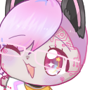 Animated cat-like character with pink hair, glasses, and a joyful wink.