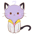 A cartoon cat with glasses, a heart-shaped tuft, and a pink and yellow jacket.