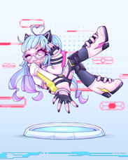 The image features a character with long, light blue hair and cat ears, dressed in a white and black outfit. They are posed playfully, with one hand making a peace sign. The background has digital elements in pink and blue, and a circle platform under them