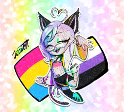 The image features a character with long, wavy hair and cat ears, wearing glasses. They are dressed in a stylish outfit and are posed playfully. The background includes a Pansexual flag alongside a Non-binary flag.