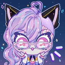 The image features a character with cat ears and long, wavy purple hair. They wear glasses and have large eyes with a sparkling effect. The character is making a cheerful gesture with their hands. The background is dark blue with colorful sparkles.