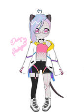 The image features a character with cat ears and wavy hair in blue and purple. They wear glasses and a white jacket over a pink top, with black shorts that have colorful straps. The character has a circuit-like design on their skin and a long tail.