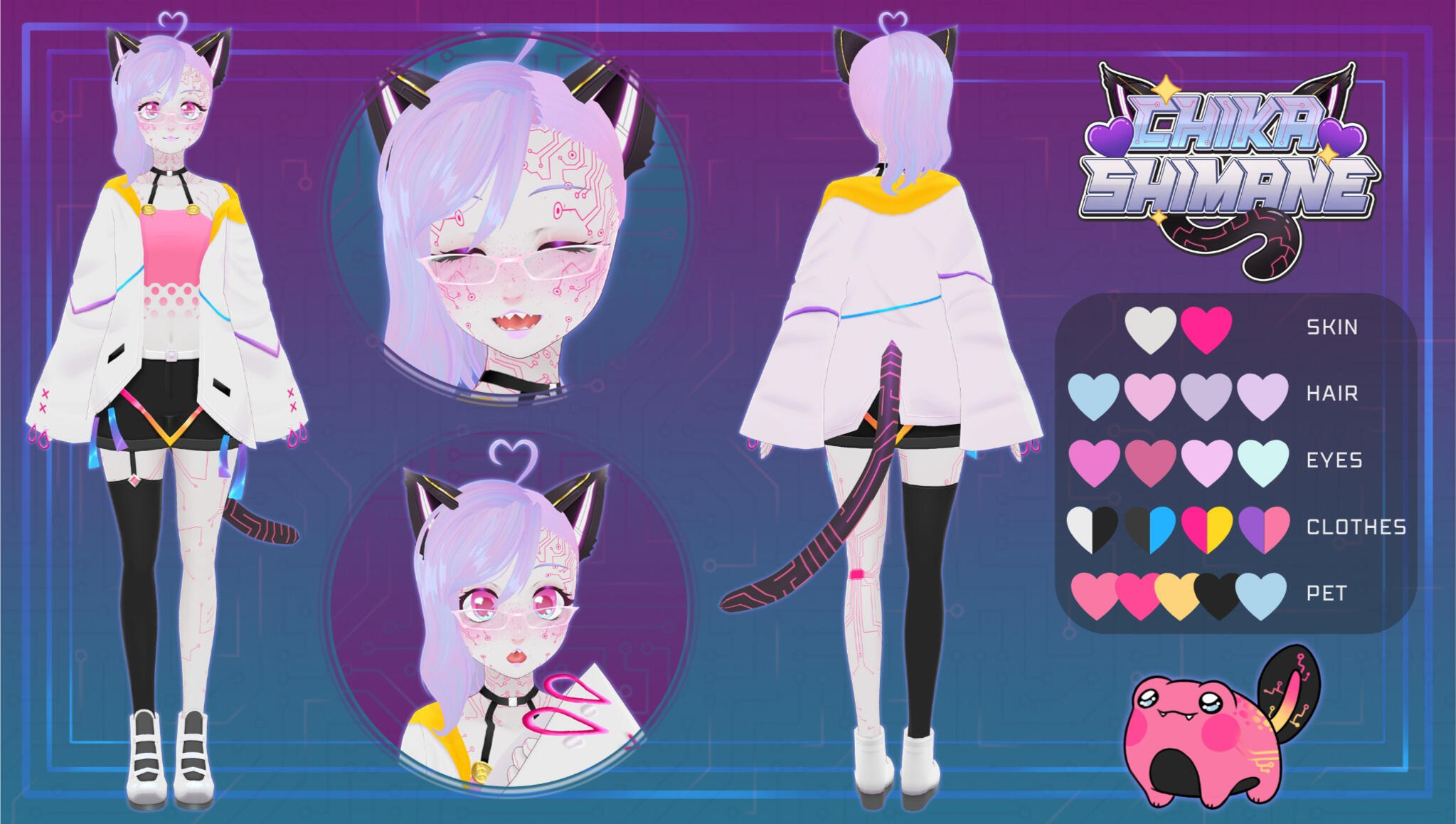 Ref Chika's reference sheet. Chika has cat ears, pastel purple hair, and glasses. The outfit includes a white jacket with yellow accents, a pink crop top, and black shorts. One leg is adorned with a black stocking and there's a colorful tail.