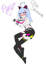 The image features a character named Chika Shimane in a dynamic pose. They have light blue hair and wear an outfit with a white top and black pants, accented with pink and yellow details. Cat ears adorn their head, and they have a playful expression.