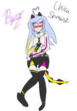 The image features a character named Chika Shimane, depicted lying with their arms crossed. They have light blue hair and wear a cropped white jacket and black shorts. Cat ears are visible on their head, and a long, patterned tail extends from behind.