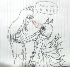 The image shows two characters, the on on the left is leaning towards the one on the right. The left character appears to be using a hypnotic effect, represented by swirling lines directed at the right character. The text reads, "Submit, my dear Pyro~."