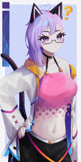 The image features a character with cat ears and purple hair, wearing glasses. They have a pink crop top and a white jacket with colorful accents. The character stands with one hand on their hip, displaying a neutral expression.