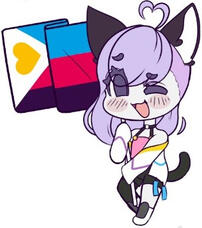 The image features a character with cat ears and purple hair, smiling and holding a flag. The flag has a heart design with blue, pink, and purple sections. The character is dressed in a colorful outfit and is posed playfully, conveying a cheerful demeanor.