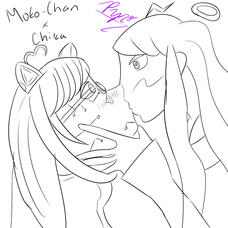 The image features two characters, Moko-Chan and Chika, depicted in a close interaction. Chika has cat ears and glasses, while Moko-Chan has long hair and a halo. They are positioned closely, with Moko-Chan's hand reaching towards Chika's face.