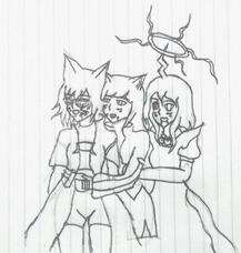 The image shows three characters with animal-like features standing close. The character on the left has short hair and wears a shirt, the middle character has medium-length hair and a casual outfit, and the right character has long hair and a dress.