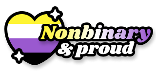 The image features a heart shape with horizontal stripes in yellow, white, and purple. Beside the heart, the text "Nonbinary & proud" is displayed, with "Nonbinary" in yellow and purple, and "& proud" in white. Stars are illustrated around the heart.