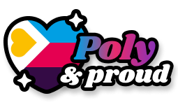 The image features a heart shape with sections in yellow, blue, pink, and purple. Beside the heart, the text "Poly & proud" is displayed, with "Poly" in a gradient of blue, pink, and purple, and "& proud" in white. Stars surround the heart.