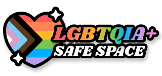 The image features a colorful heart with a rainbow gradient, symbolizing LGBTQIA+ pride. The text "LGBTQIA+ SAFE SPACE" is prominently displayed in bold black letters. Additional design elements include stars.