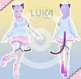 Pokémon Trainer Chika's Pokémon trainer outfit. They are wearing a light blue long-sleeve shirt with a pink pleated skirt and pink shoes. A tail is visible. The background is a soft gradient of yellow and blue. The artwork is attributed to "LUK4 STREAMS."