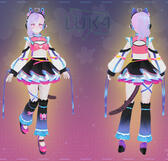Neko Synth Chika's neko synth outfit. The outfit includes a pink and black top with ruffled sleeves, a black layered skirt, leg warmers with floral patterns and ribbons, and cat ear headphones. A tail is visible at the back. The outfit is credited to "wishevercore."
