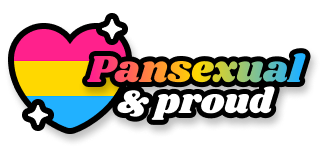 The image features a heart shape with horizontal stripes in pink, yellow, and blue. Beside the heart, the text "Pansexual & proud" is displayed, with "Pansexual" in a gradient of pink, yellow, and blue, and "& proud" in white. Stars are around the heart.