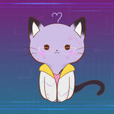 Chika's cat form. Chika has a round, purple face with large ears and glasses. They are wearing a white jacket and pink shirt. The background consists of a gradient transitioning from purple to blue, with a subtle circuit pattern.