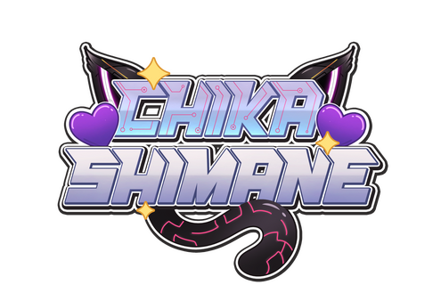 Logo with the text "CHIKA SHIMANE" in a futuristic style, featuring purple hearts, cat ears, and a star.