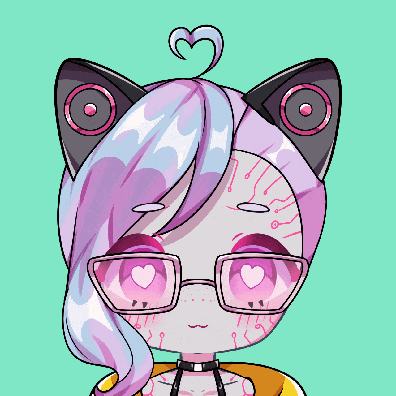 The image features a stylized character with cat-like ears and a heart-shaped tuft of hair. They have pastel pink and blue hair, large glasses with heart-shaped pupils, and circuit-like patterns on their face. The background is mint green.